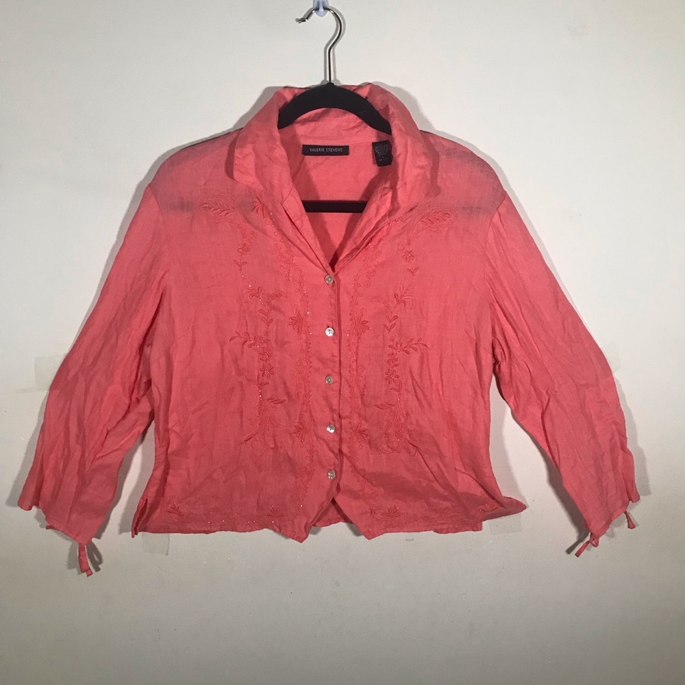 L linen valerie stevens pink embroidered embroidery beaded blouse shirt … - Picture 13 of 17